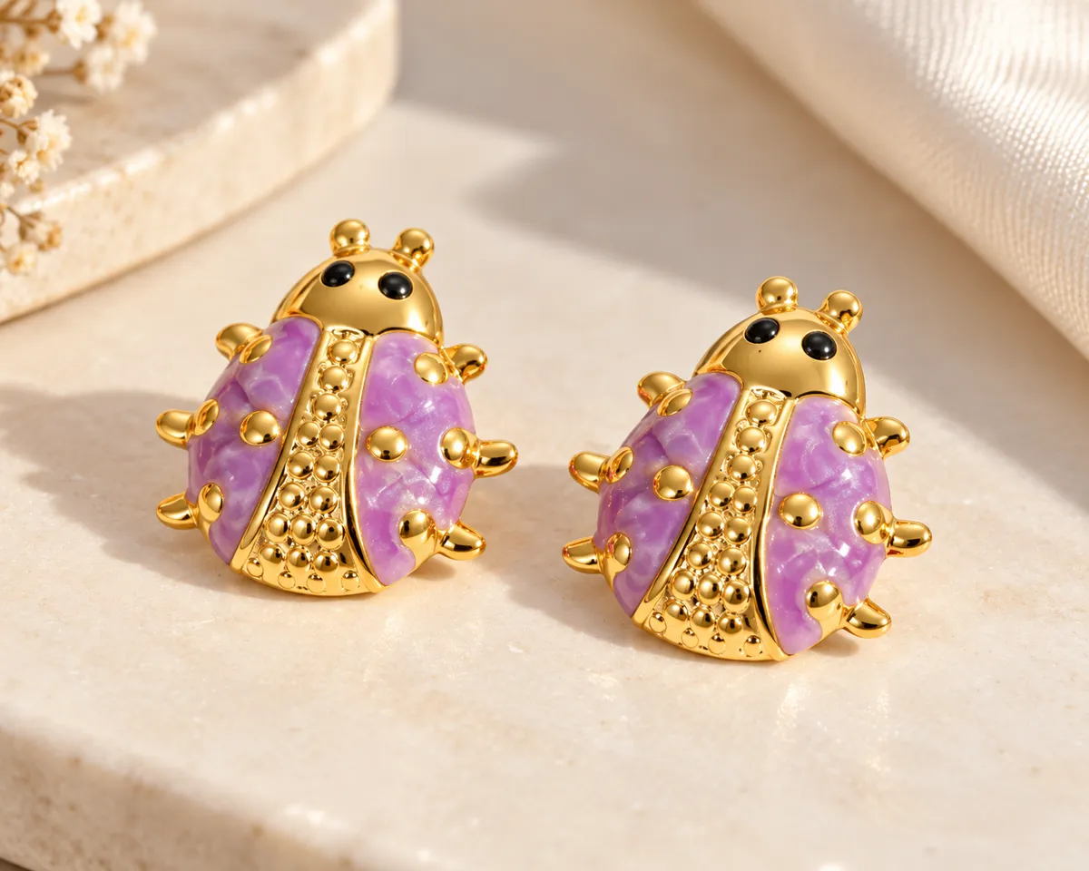 Lilac Lovebug Stud Earrings – Gold Plated 304 Stainless Steel with Enamel